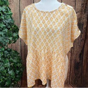 Anthro Pilcro Dual Gold Design Short Sleeve Baby Doll Top Wood Buttons Sz XL